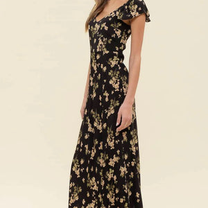 BLACK FLORAL V NECK RUFFLE SLEEVE SIDE SLIT MIDI DRESS