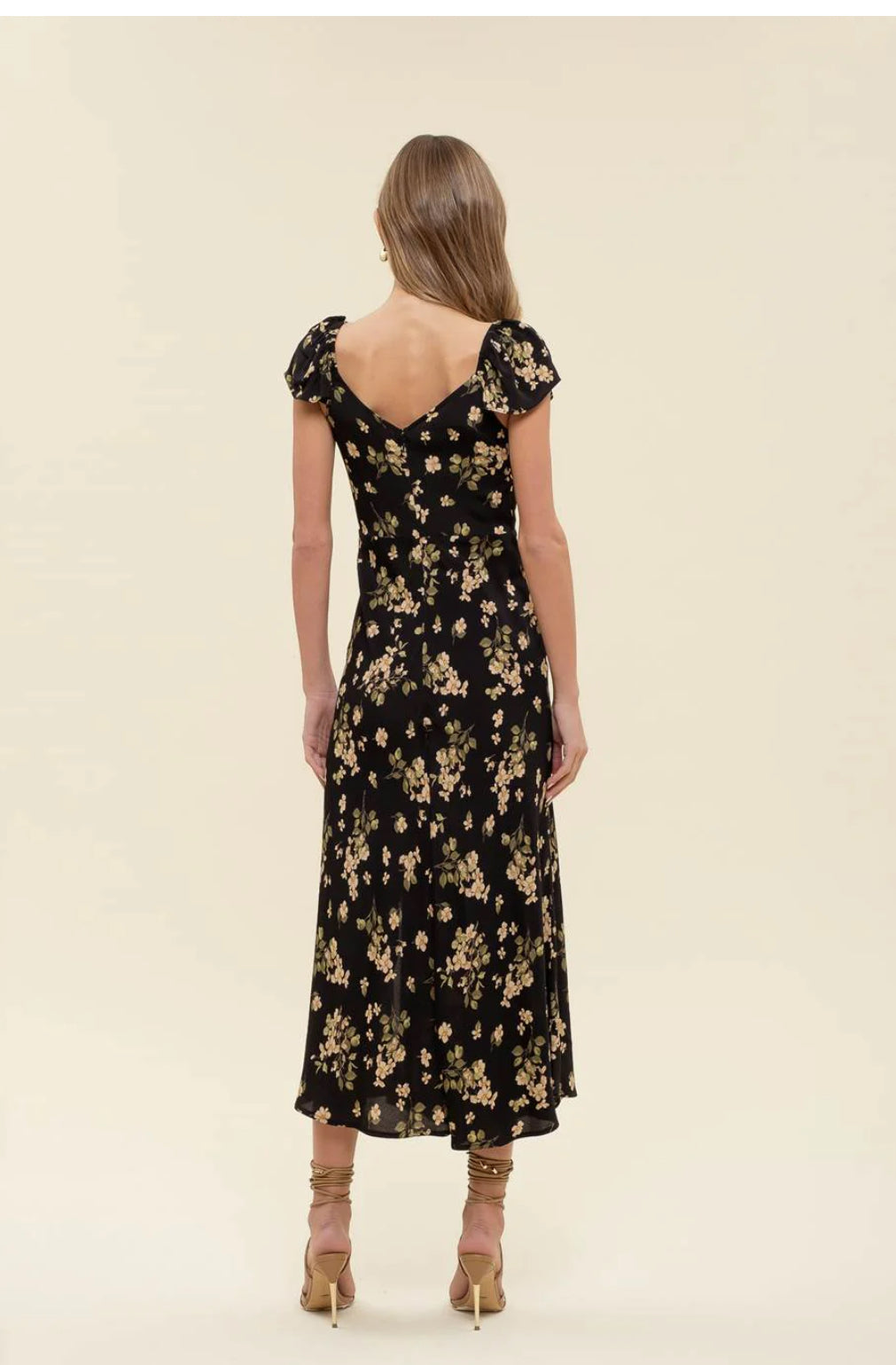 BLACK FLORAL V NECK RUFFLE SLEEVE SIDE SLIT MIDI DRESS – Sofi Stella ...