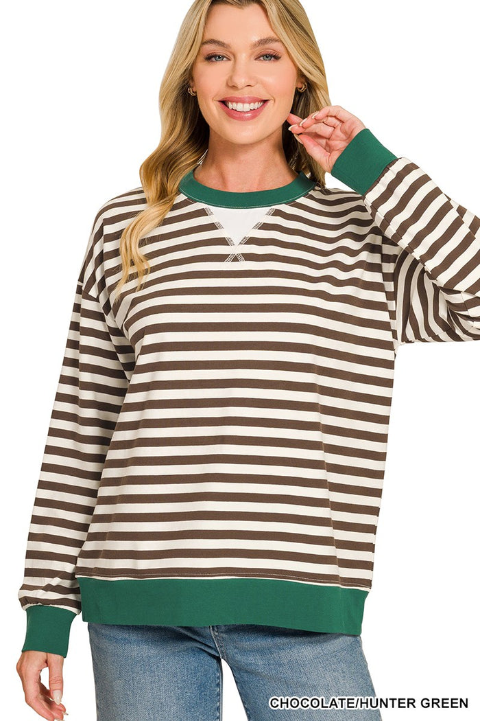 Striped Rib Banded Long Sleeve Pullover