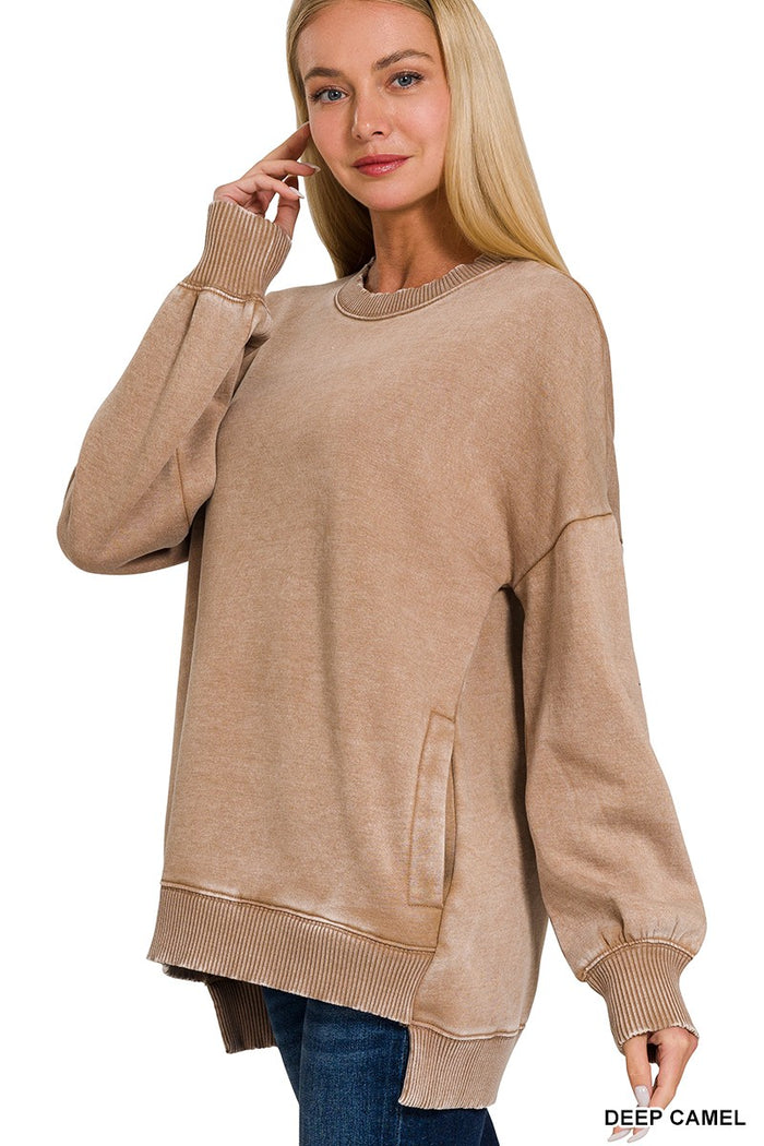 Soft Deep camel Acid Wash Fleece Hi-low Hem Pullover