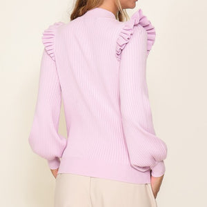 Lavender shoulder ruffle ribbed knit sweater