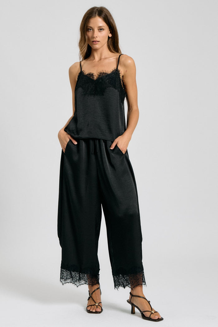 Black Eyelash Lace Satin Cami & Barrel Pants Set