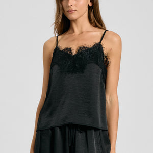 Black Eyelash Lace Satin Cami & Barrel Pants Set