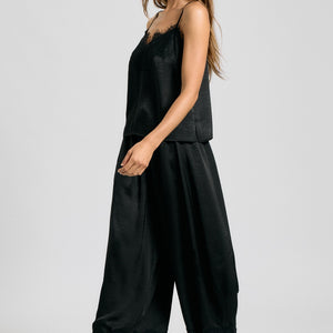 Black Eyelash Lace Satin Cami & Barrel Pants Set