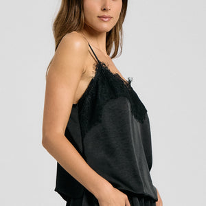 Black Eyelash Lace Satin Cami & Barrel Pants Set