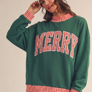 Christmas Merry Gingham Plaid Trim Patch Pullover