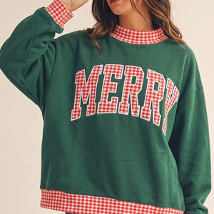 Christmas Merry Gingham Plaid Trim Patch Pullover