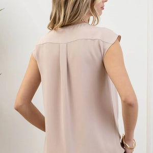 TAUPE WRAP DRAPE SLEEVELESS BLOUSE