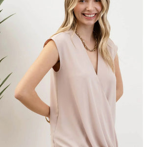 TAUPE WRAP DRAPE SLEEVELESS BLOUSE