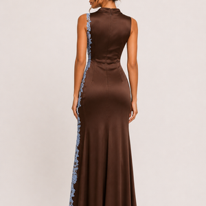 Brown Cowl Neck Side Lace Satin Dress