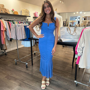 Blue Pleated Open Back Dress