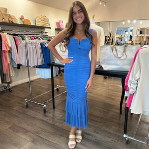 Blue Pleated Open Back Dress