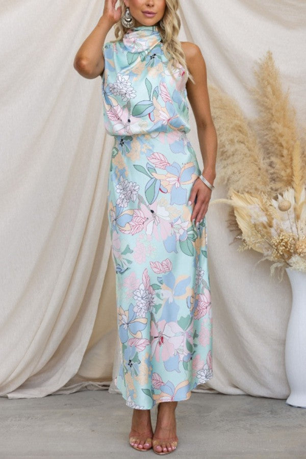 Blue Floral Satin Maxi Dress