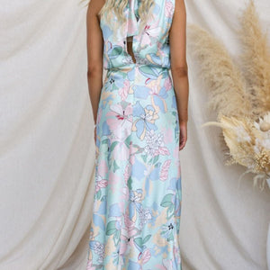 Blue Floral Satin Maxi Dress