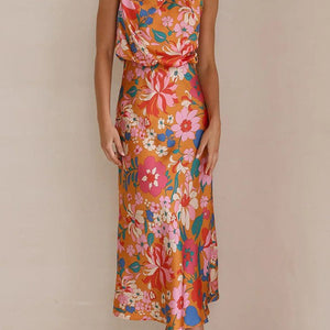 Orange Satin Flower Print One Shoulder Maxi Dress