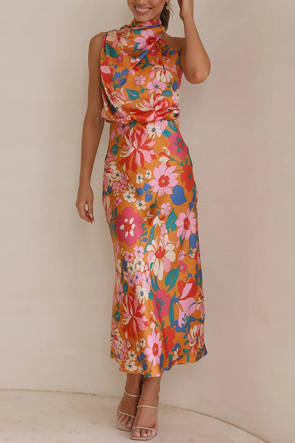 Orange Satin Flower Print One Shoulder Maxi Dress