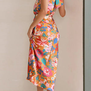 Orange Satin Flower Print One Shoulder Maxi Dress