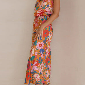 Orange Satin Flower Print One Shoulder Maxi Dress