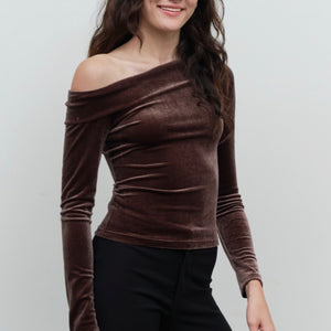 Velvet Off-shoulder Long Sleeve Knit Top