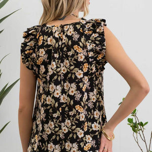 FLORAL PRINT ROUND NECK RUFFLE BLOUSE