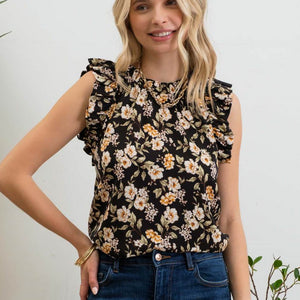 FLORAL PRINT ROUND NECK RUFFLE BLOUSE