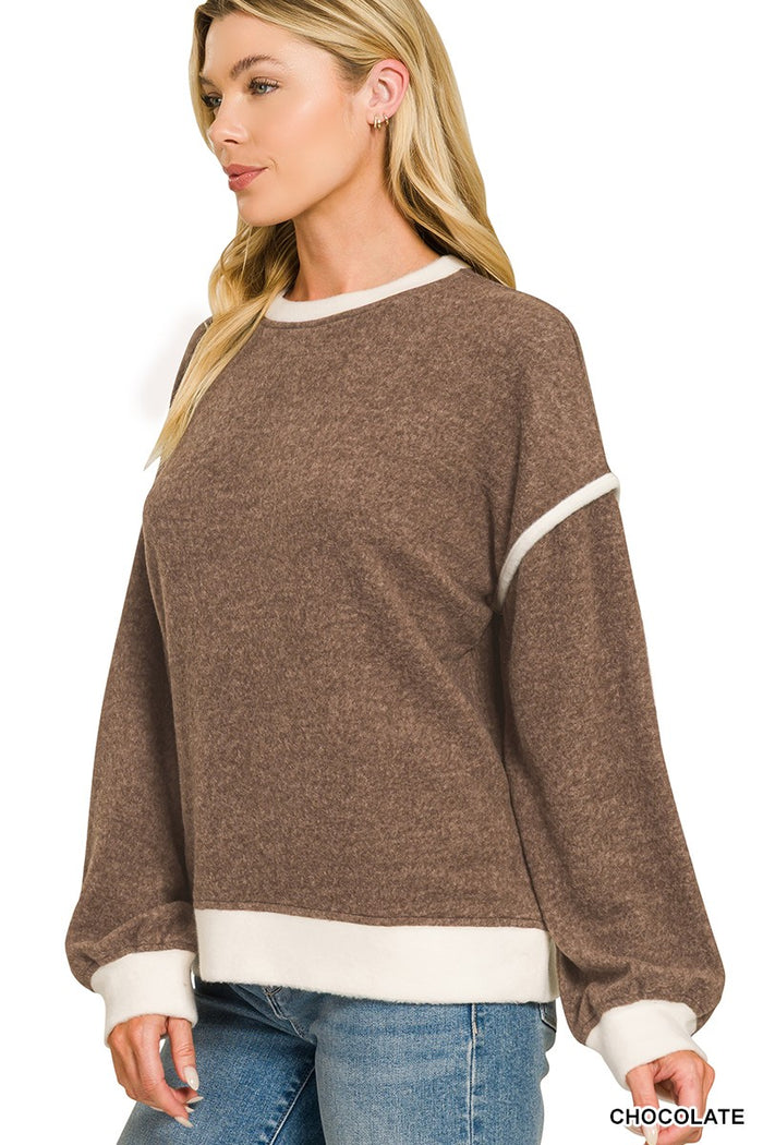 Brown Brushed Melange Hacci Contrast Trim Sweater