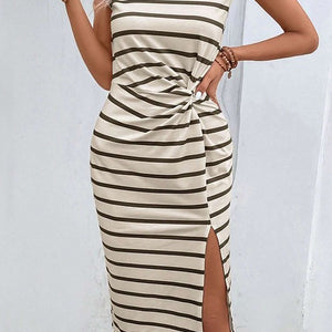 Khaki Stripe Twist Split Thigh Midi Dress