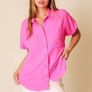 Button down double pocket collared top, 3 colors