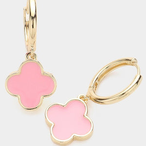 2- colors Enamel Quatrefoil Dangle Huggie Earrings