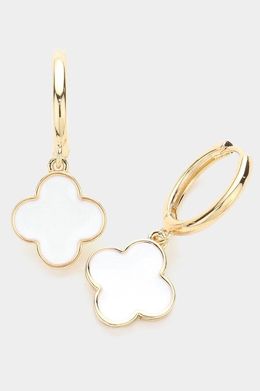 2- colors Enamel Quatrefoil Dangle Huggie Earrings