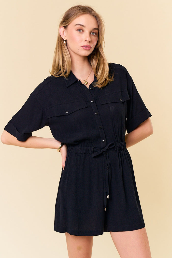 Black Drawstring Waist Cuff Short Sleeve Button- Front Cover-Up Romper