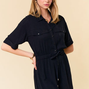 Black Drawstring Waist Cuff Short Sleeve Button- Front Cover-Up Romper