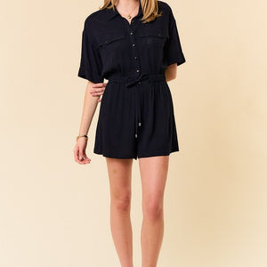 Black Drawstring Waist Cuff Short Sleeve Button- Front Cover-Up Romper