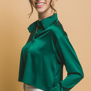 Semi Cropped Satin Long Sleeve Button Down Blouse