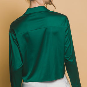 Semi Cropped Satin Long Sleeve Button Down Blouse