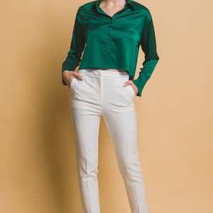 Semi Cropped Satin Long Sleeve Button Down Blouse