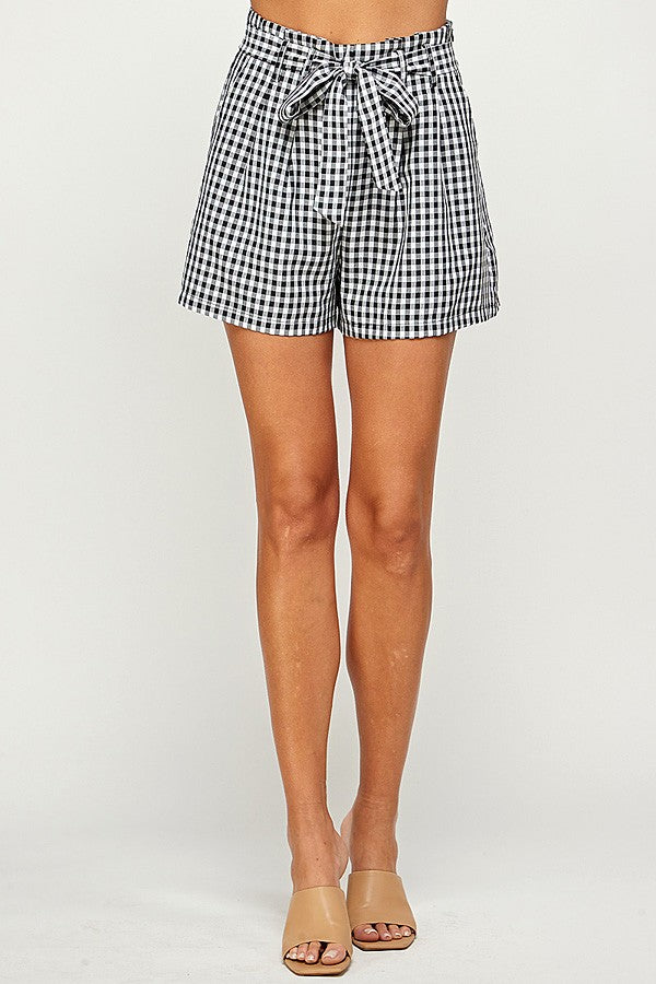 Black and White Gingham Print Belted Shorts