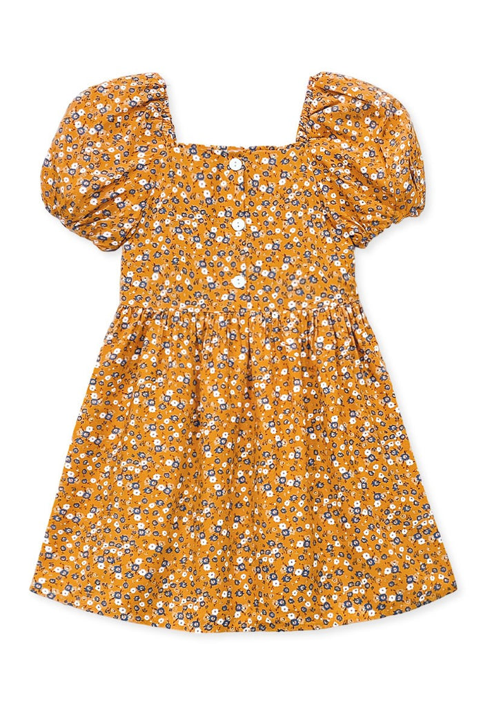 Mustard Toddler's Floral Dress W/ Puff Sleeves