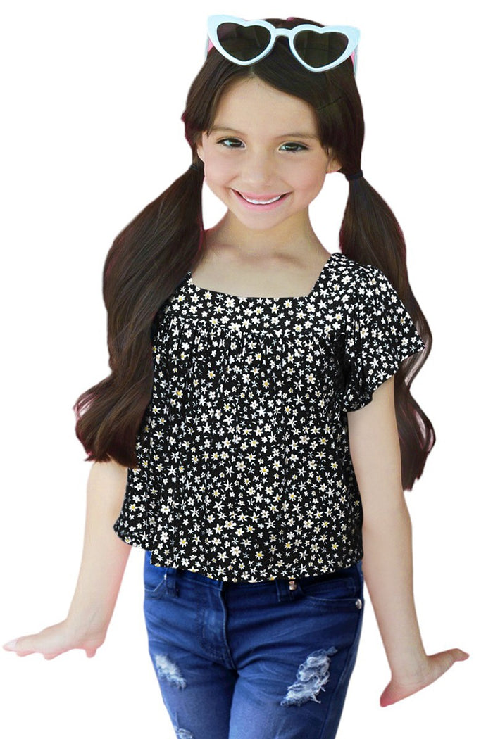 Girl's Floral Fashion Top W/ Square Neck & Ruffle Sleeve