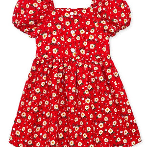 Red Toddler's Floral Dress W/ Puff Sleeves