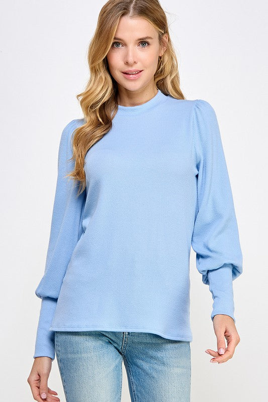 Sky blue rib sweater mock neck