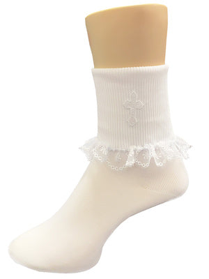 Girl's communion socks with embroidered cross and lace trim