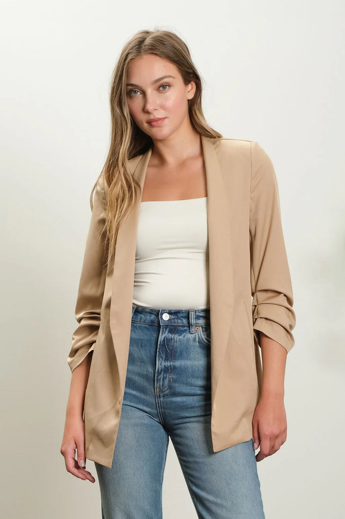 KHAKI COLLARLESS SHAWL 3/4 RUCHED SLEEVE BLAZER