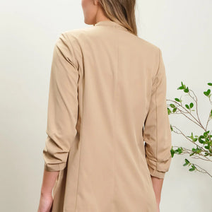 KHAKI COLLARLESS SHAWL 3/4 RUCHED SLEEVE BLAZER