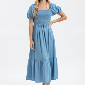 CHAMBRAY SHORT PUFF SLEEVES RUFFLE HEM MIDI DRESS