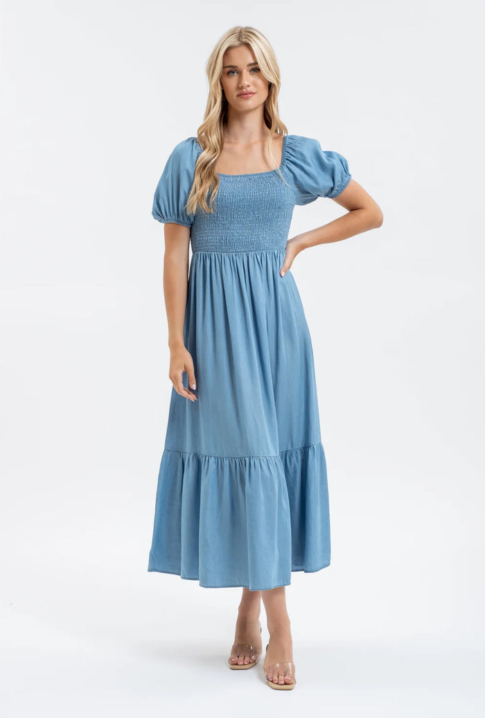 CHAMBRAY SHORT PUFF SLEEVES RUFFLE HEM MIDI DRESS