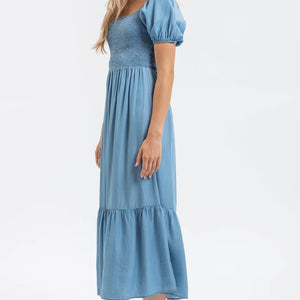 CHAMBRAY SHORT PUFF SLEEVES RUFFLE HEM MIDI DRESS