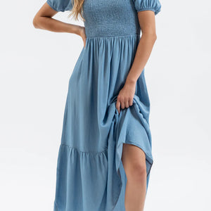 CHAMBRAY SHORT PUFF SLEEVES RUFFLE HEM MIDI DRESS