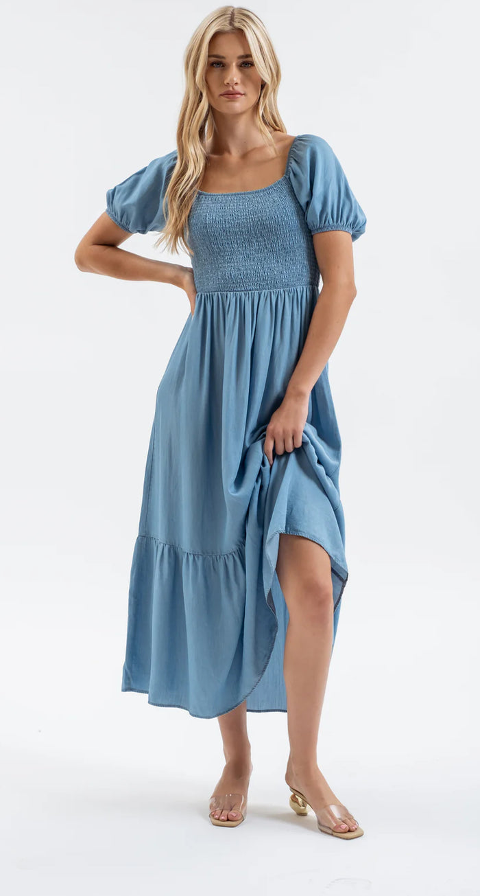 CHAMBRAY SHORT PUFF SLEEVES RUFFLE HEM MIDI DRESS