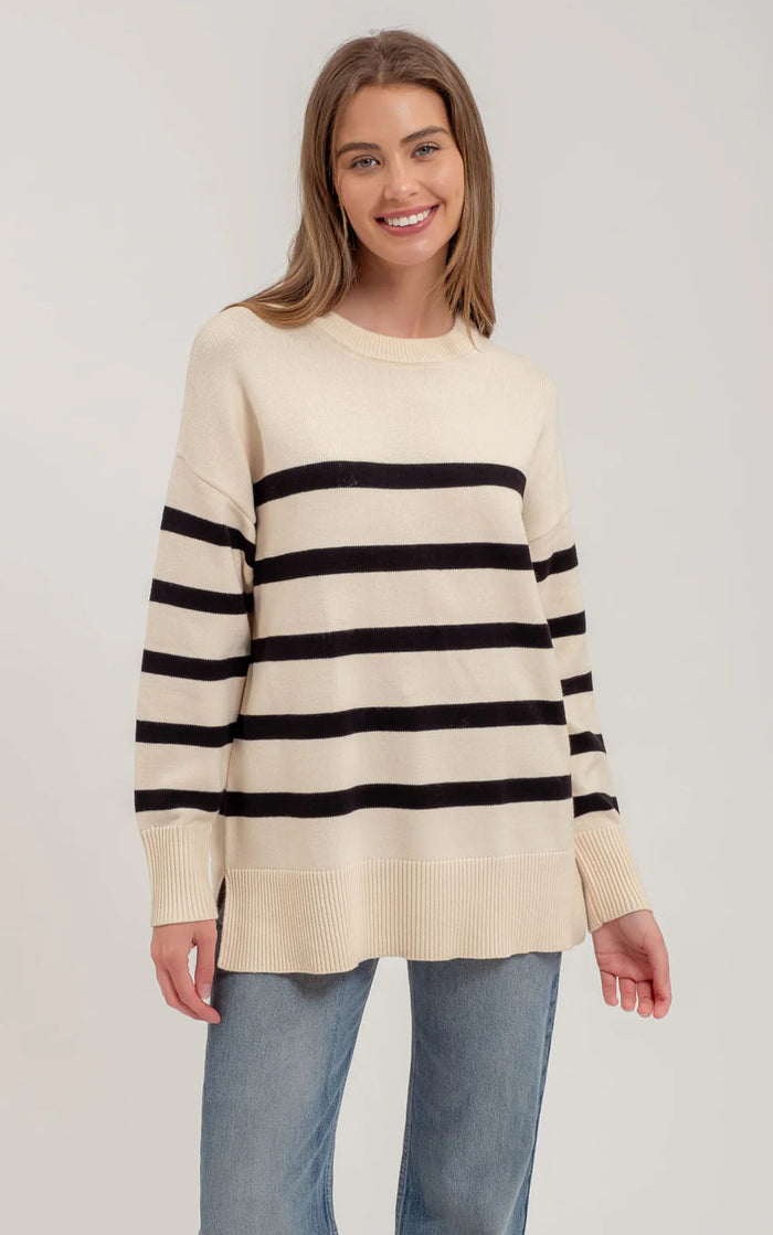 DROP SHOULDER RELAXED FIT SIDE SPLIT STRIPE OVERSIZED KNIT